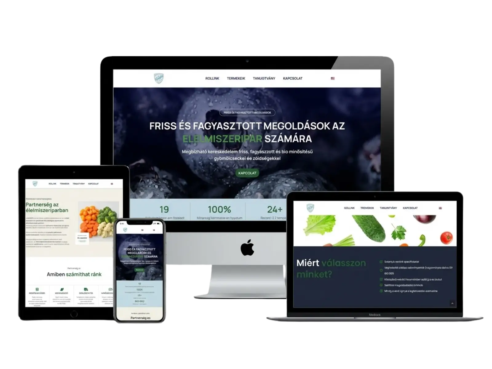 Élelmiszeripari weboldal asztali, tablet, mobil és laptop nézetben